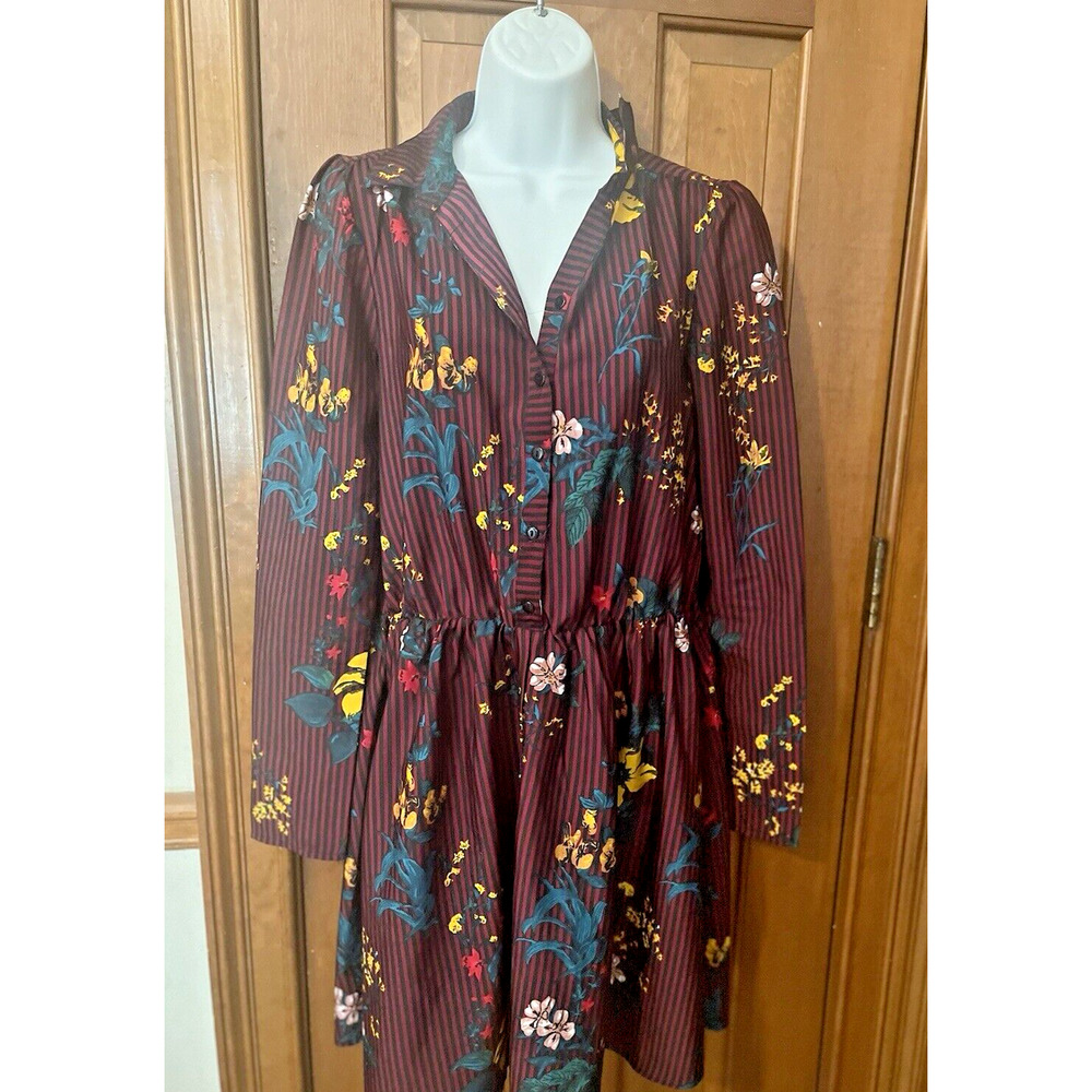 BOOHOO Tall Berry Stripe Floral Shirt Dress Women's Size 6